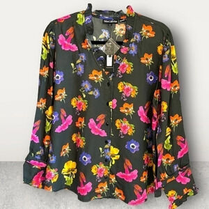 Tolani Collection black floral button front ruffled collar & sleeves top  SMALL